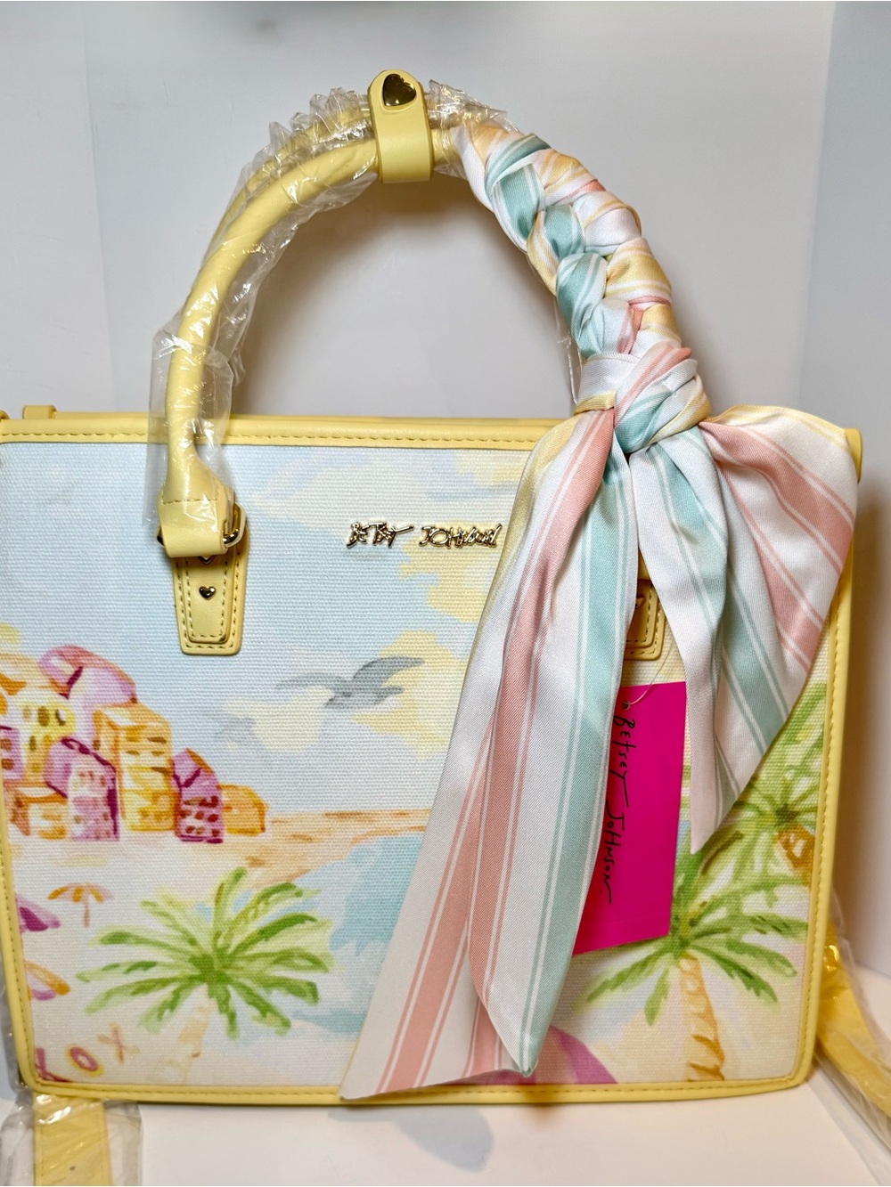 * Betsey Johnson Pastel Beach Print Tote with Yellow Trim & Striped Scarf Accent